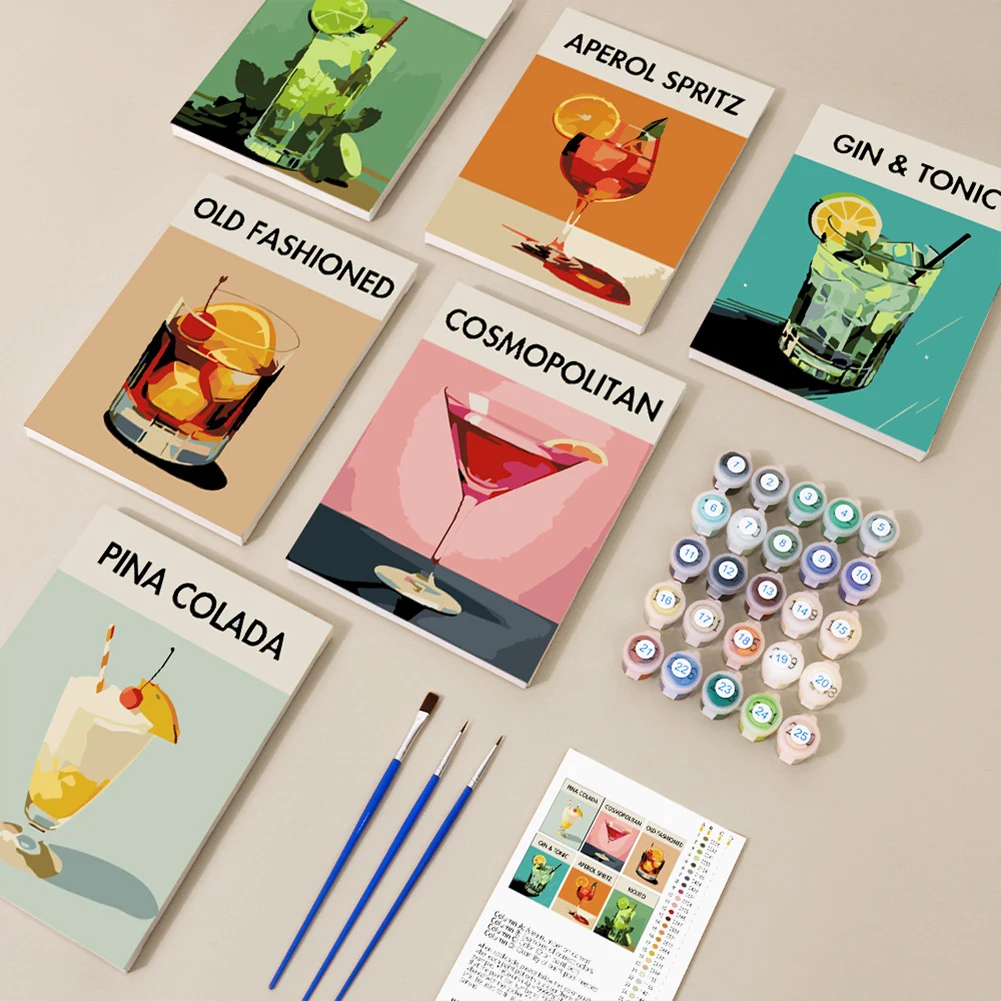 6 Pack Paint by Numbers Kit With Brush and Acrylic Paints Color Art Painting Cocktail Culture DIY Acrylic Oil Painting for Adult