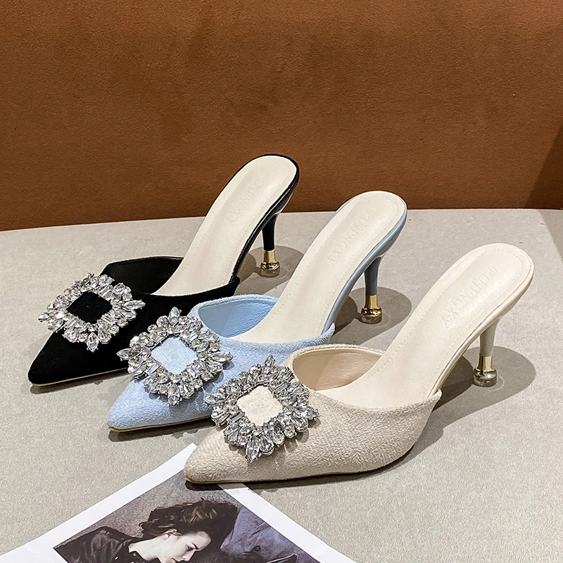 Summer New Korean Rhinestone Square Buckle Pointed Head Baotou Half Drag Fine Slippers with Women's Shoes