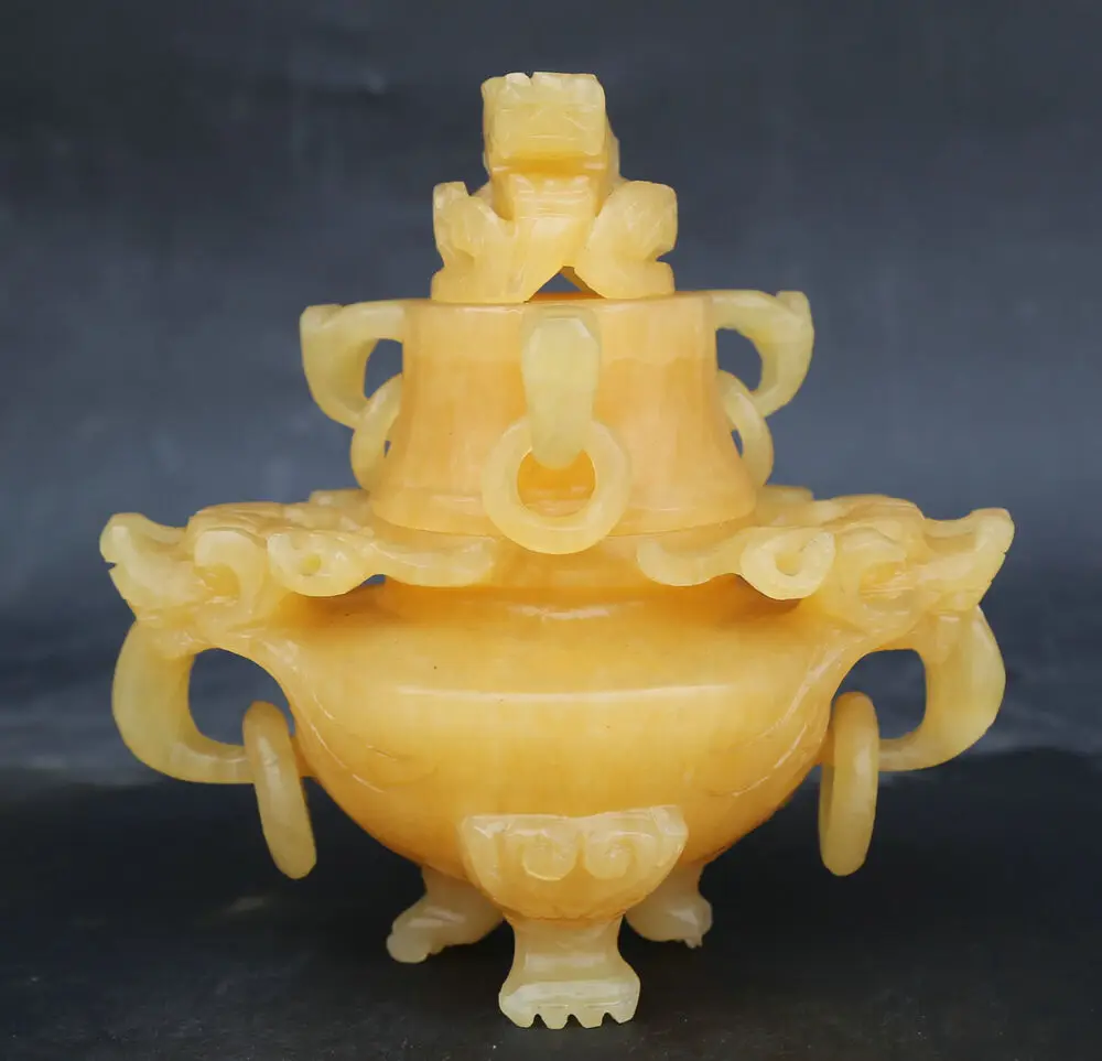 7 Natural Yellow Jade Carving Fegnshui Dragon Beast Earing Incense Burner Censer