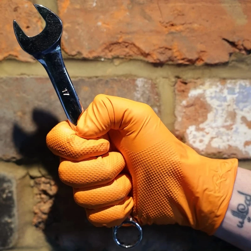 50 Stück robuste 8Mil orangefarbene Nitril-Handschuhe, Einweg-Handschuhe mit erhöhter Diamantstruktur für den Bau, Industrie, Mechaniker, Auto – Detail 9