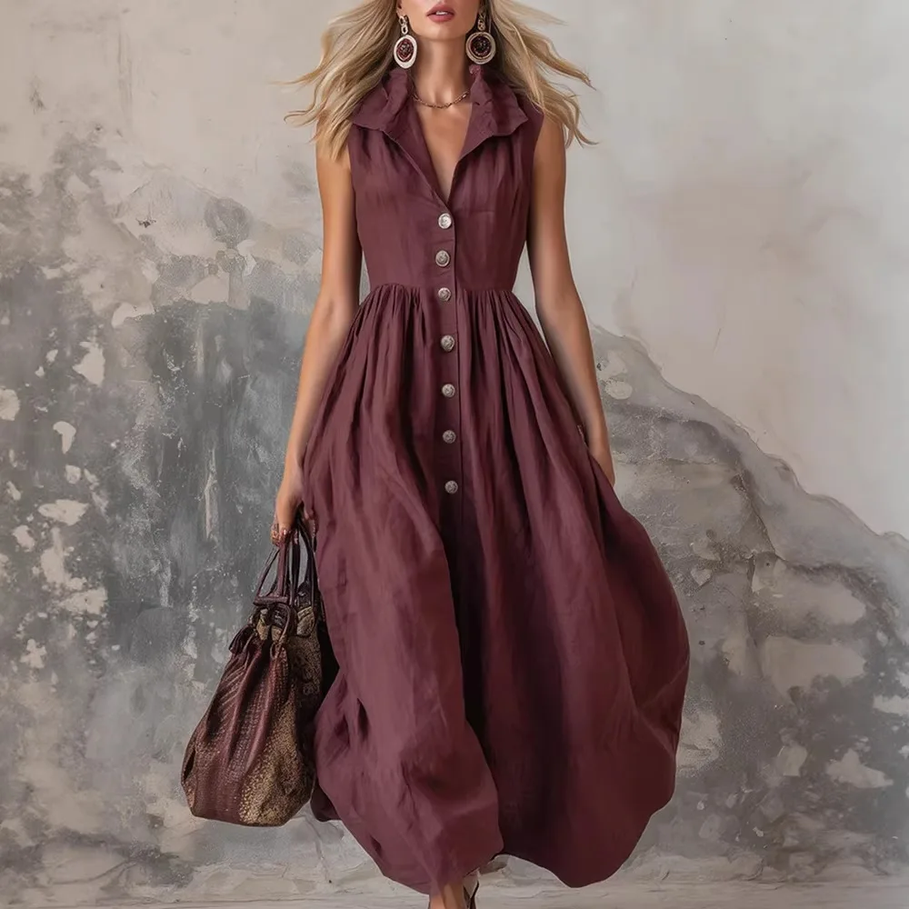

Elegant Sleeveless Long Dress Women Single Breasted Lapel A-line Dresses 2026 Summer Street Holiday Cotton Linen Dress Vestidos