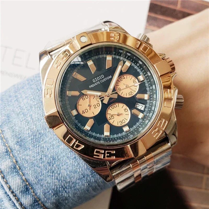 Luxury Mens Quartz Chronograph Watch Rose Gold Black Blue Leather Stopwatch Stainless Steel Luminous Sapphire Calendar