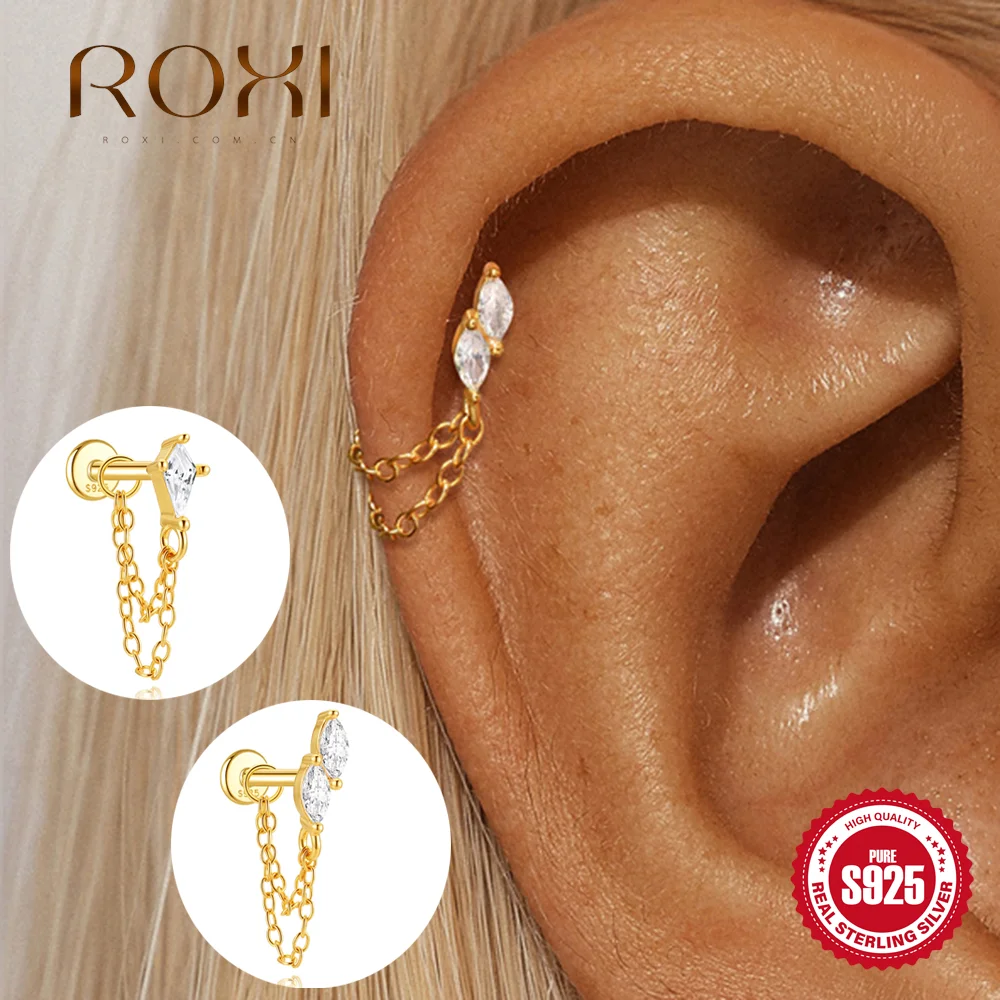 ROXI 925 Sterling Silver Horse Eyes/Kite Stone 16G CZ For Women Cartilage Helix Flat Back Piercing Earring,Conch Chain Earrings