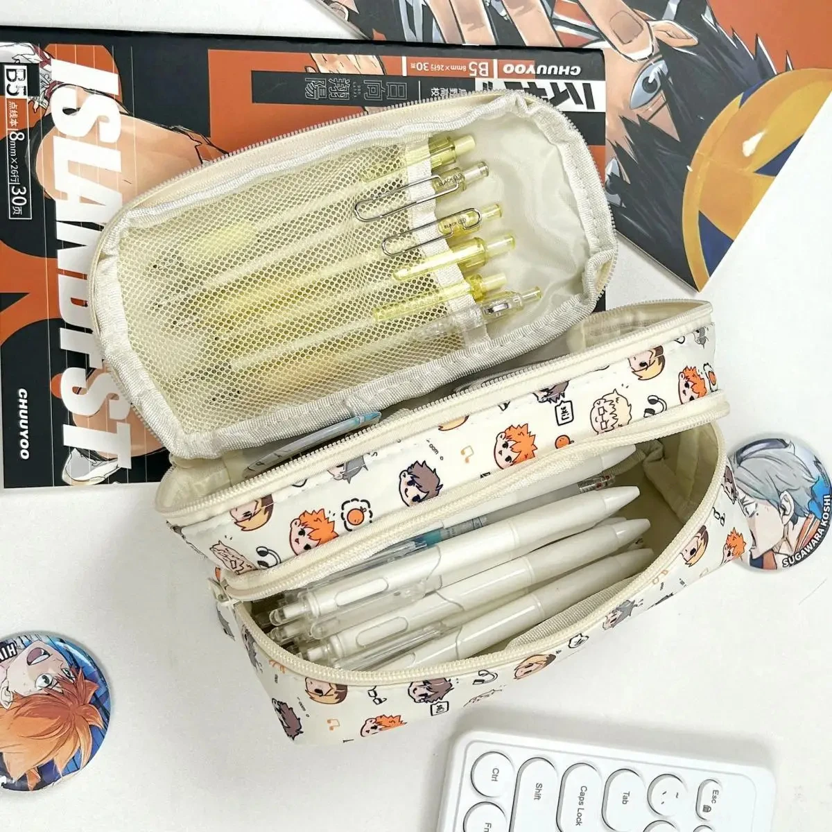 Haikyuu!!Shoyo Hinata Tobio Pencil Case Anime Figure Kageyama High-Capacity Double Zipper Multilayer Storage Bag Stationery Gift