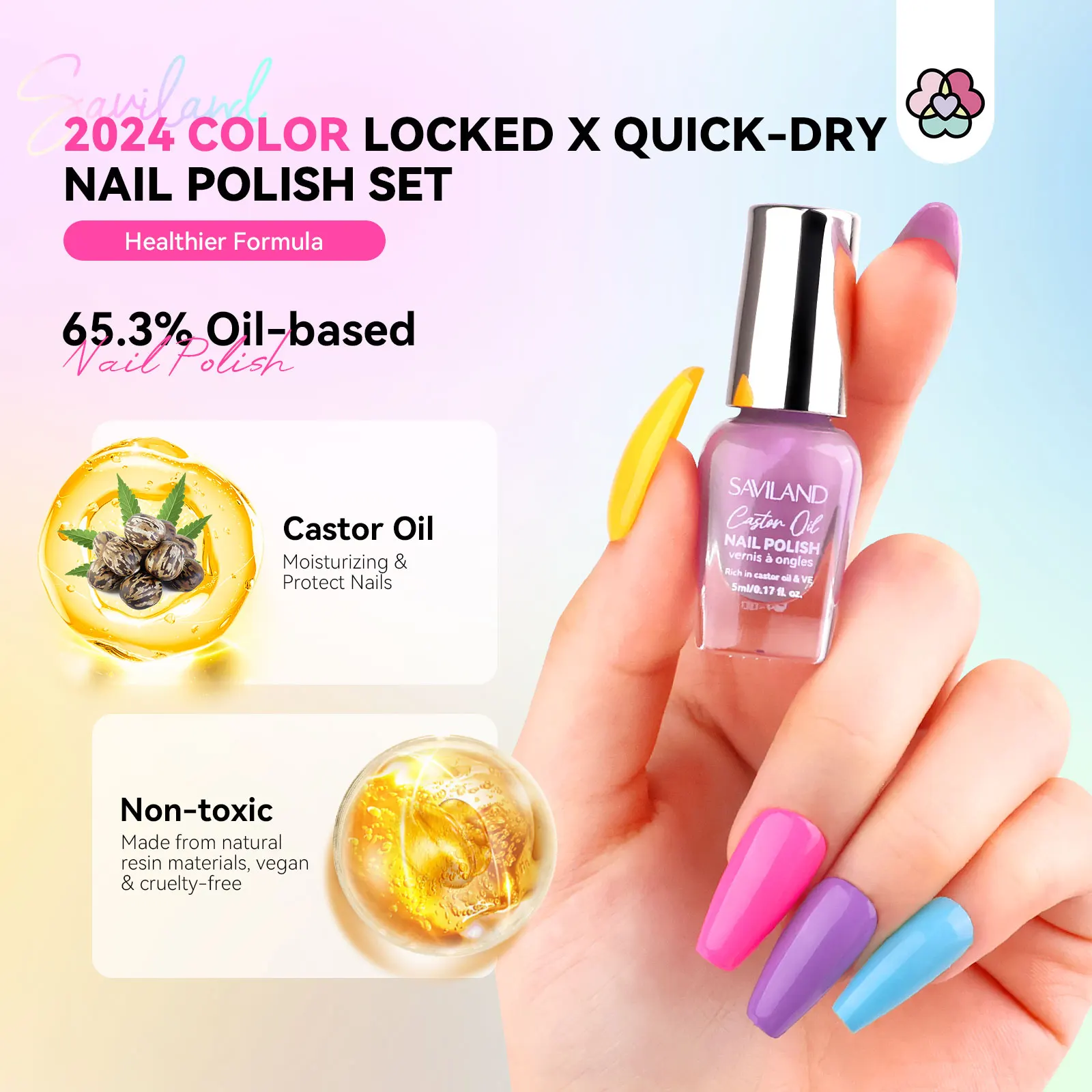 SAVILAND 20Pcs Fingernail Polish Set Neon Bright Colors Quick Dry Glitter Rainbow Nail Polish with Base Glossy Matte Top Polish