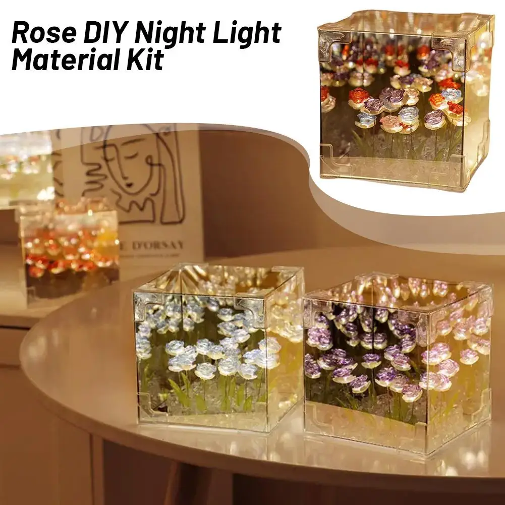 DIY Rose Night Light Mirror Cube Lamp Simulation Artificial Flowers Bedroom Table Lamp Handmade Craft Mirror Night Light Birthda