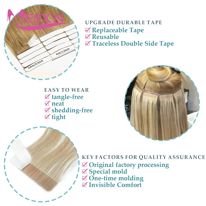 MESXN Tape in Hair Extensions Human Hair 100% Real Natural Hair Tape Weft InsInvisible soft 10pcs 16"-24" Black Brown Blonde