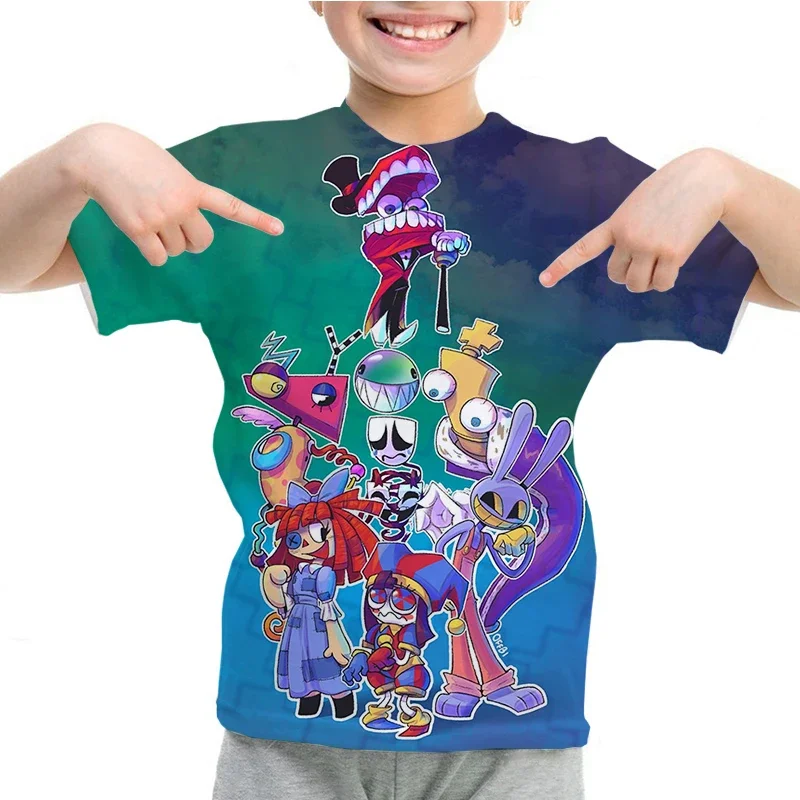 2024 Disney Anime erstaunliche digitale Zirkus Kinder 3D T-Shirts Jungen Mädchen Anime lässig Sommer Kurzarm Kleidung Kinder T-Shirt