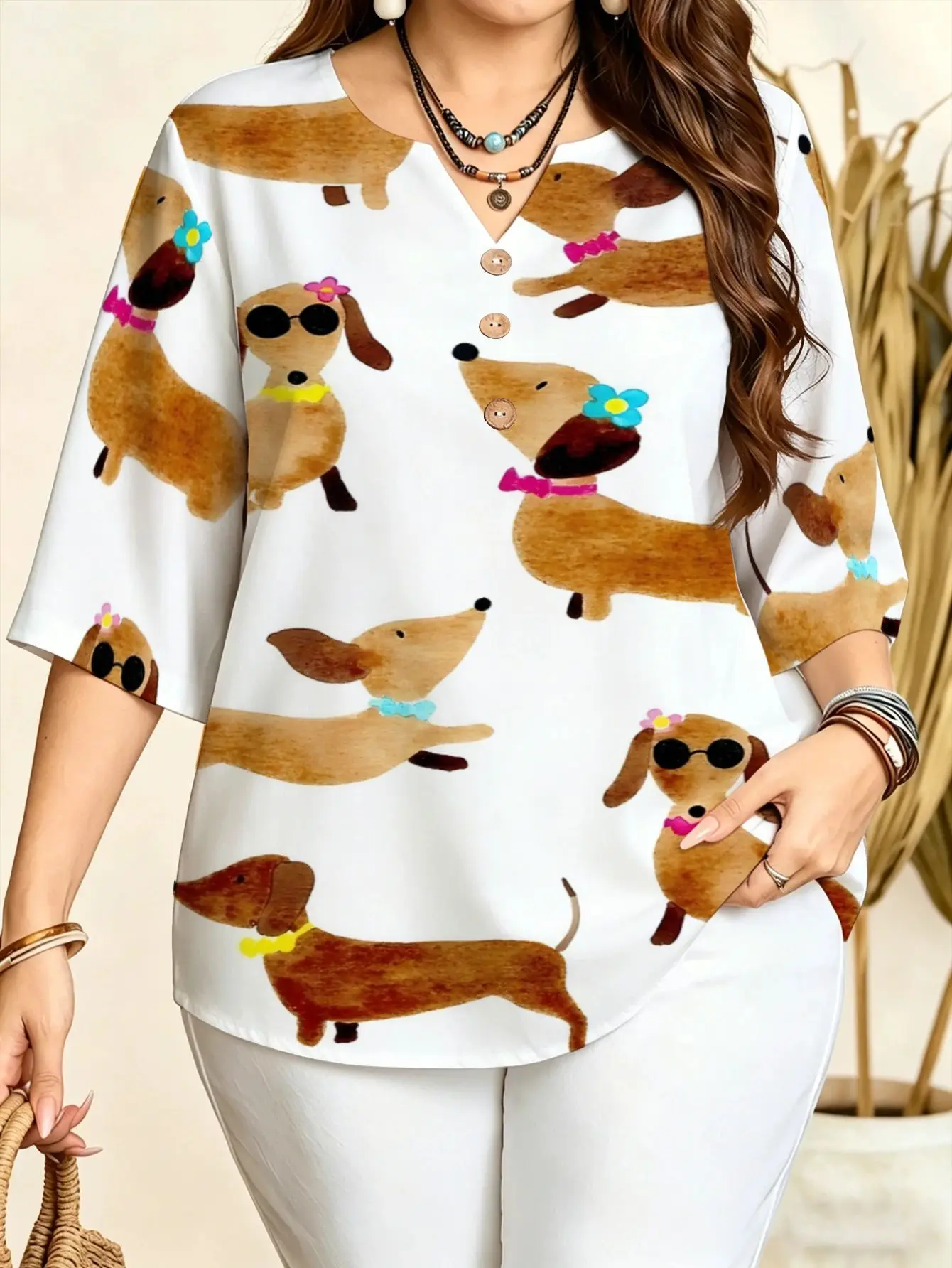 Plaid Stripe Cartoon Western Geometric 3D Print Women Blouse Notch V Neck Half Button 3/4 Sleeve Casual Daily Tops