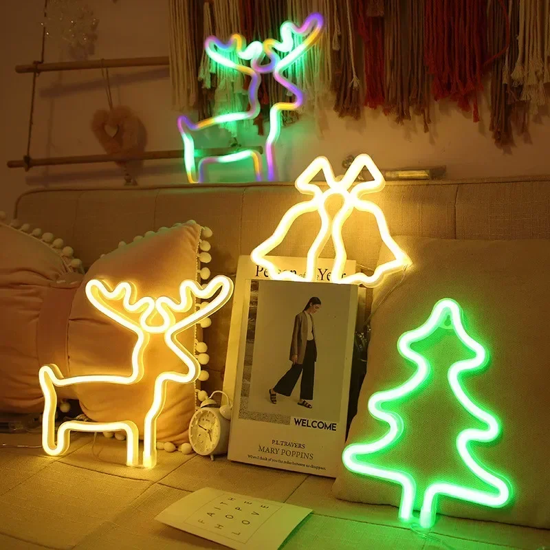 LED Christmas Socks Neon Sign Light Lamp Colorful Wall Lights Hat Bells Christmas Tree Snowflake Elk Ornaments Decor Room Party