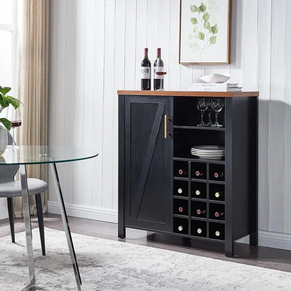 

Black Contemporary Sideboard with Wine and Liquor Storage for Kitchen, Dining, and Living Rooms