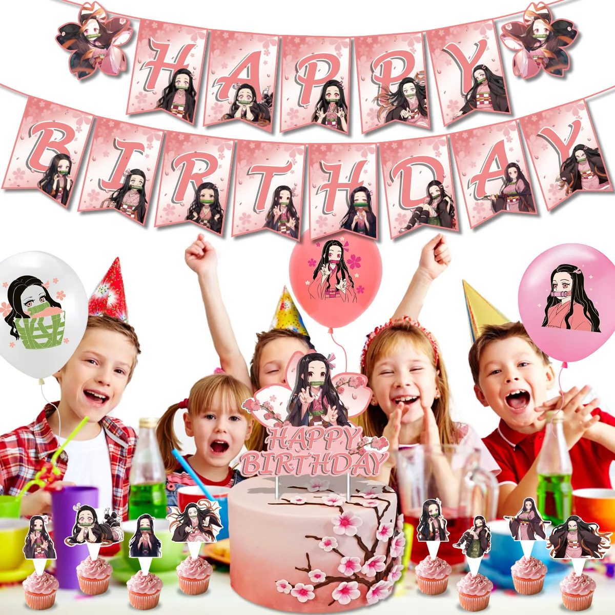 

Demon Slayer Pink Nezuko Balloons Baby Shower Girl Birthday Party Globos Decor Kimetsu no Yaiba Banner Cake Topper Supply Gift