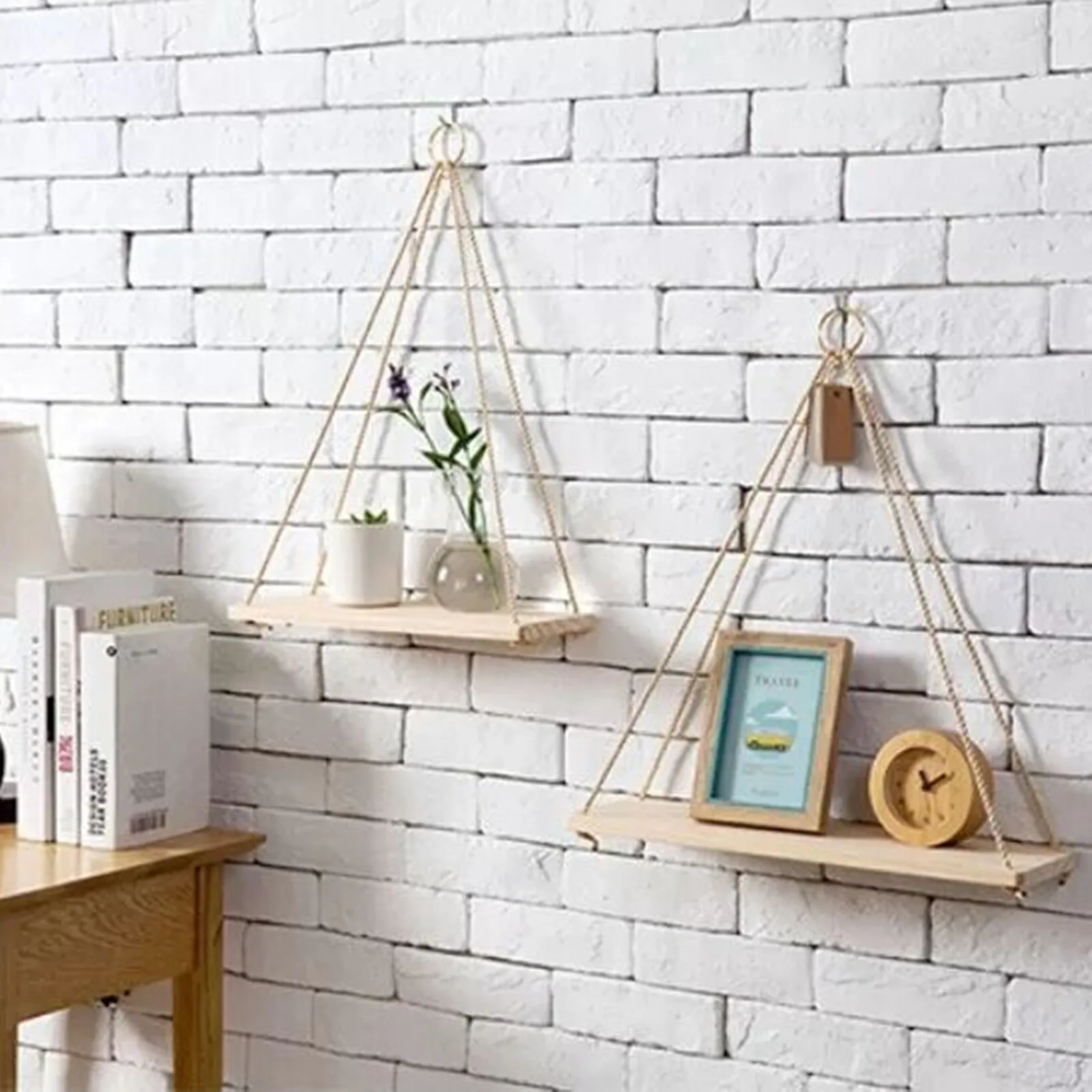 

2 pcs Flower Pot Storage Rack Hanging Rope Wooden Shelf Wall Decor Simple Elegant Natural Home Coffee Shop Office