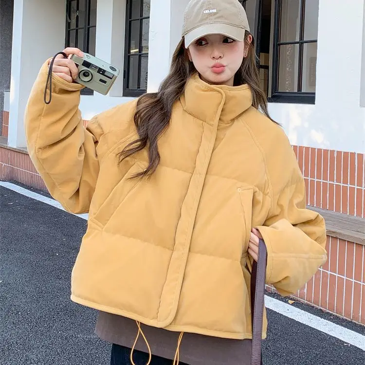 Gola curta para baixo jaqueta acolchoada de algodão 2025 inverno zíper estilo viajante cor sólida casaco feminino acolchoado de algodão