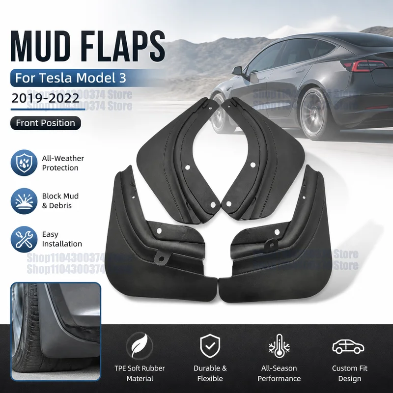 Mud Flaps For Tesla Model 3 2019-2022 TPE Soft Rubber All-Weather Splash Guards Easy Installation Front Rear, Front Position