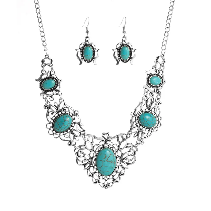 Bohemian Fashion Trends Necklace For Women Exaggeration Alloy Advanced Sense Temperament Vintage Turquoise Pattern Jewelry Set