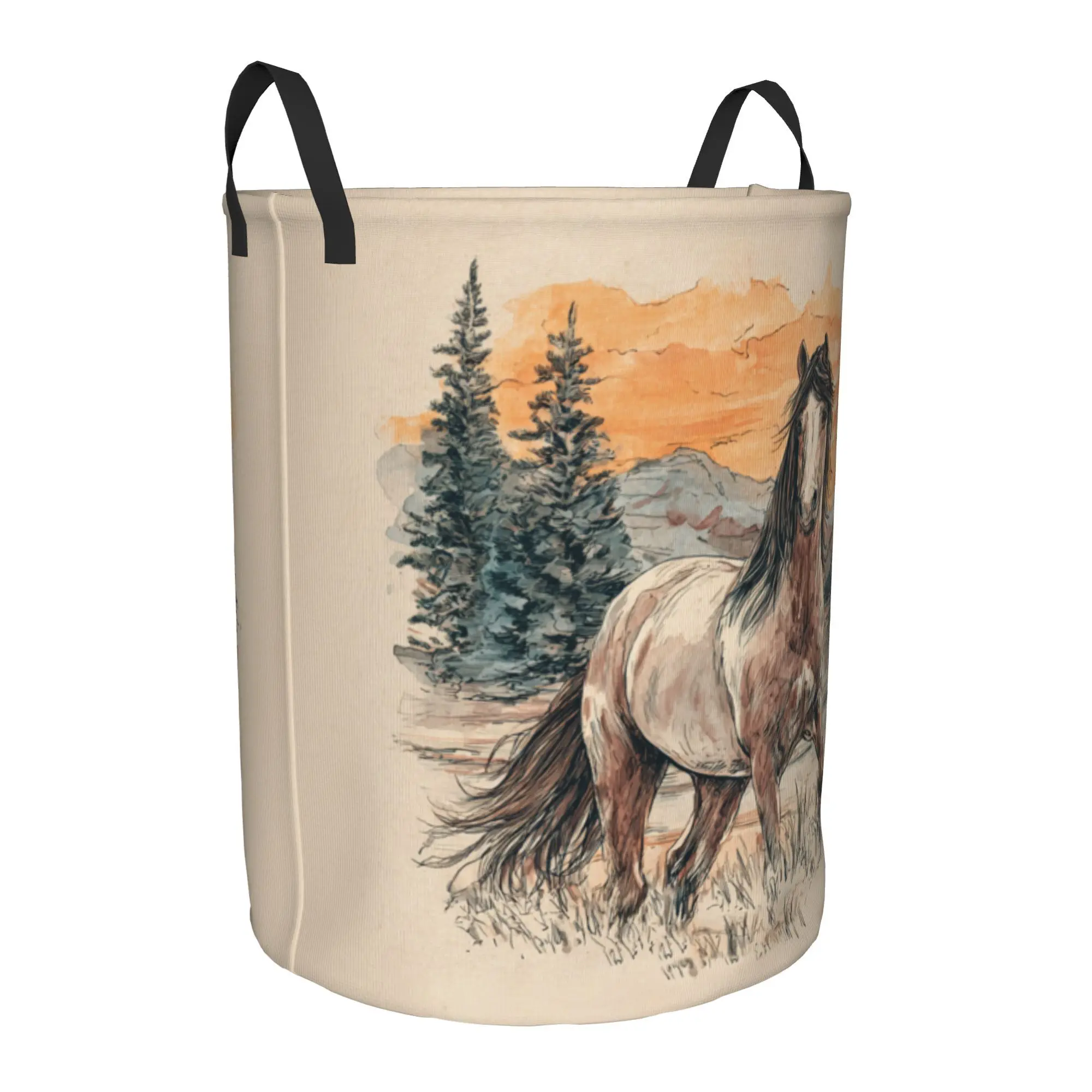 Retro Western Horses Laundry Basket - Foldable Clothes Storage Basket with Horse And Cactus Wagon Wheel Design