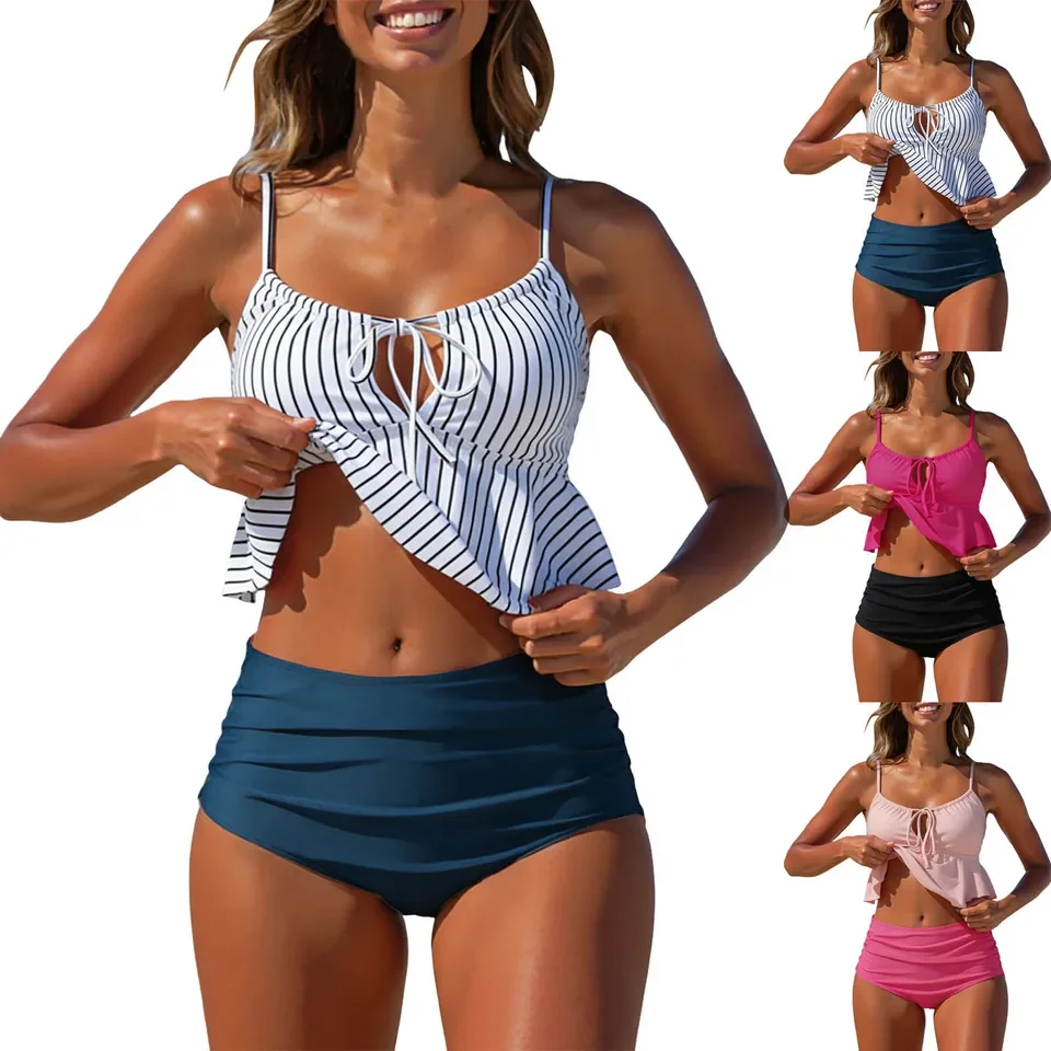 Women Tie Front Swimsuit Two Piece Pleated High Waisted Bikini Sets Sexy Push Up Two Piece Swimsuits Swimwear Woman 2026