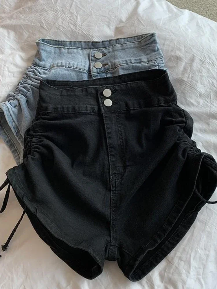 Sexy Shirring Slim Denim Shorts Women Fashion Korean High Waist Casual Shorts Summer Button All Match Harajuku Shorts New