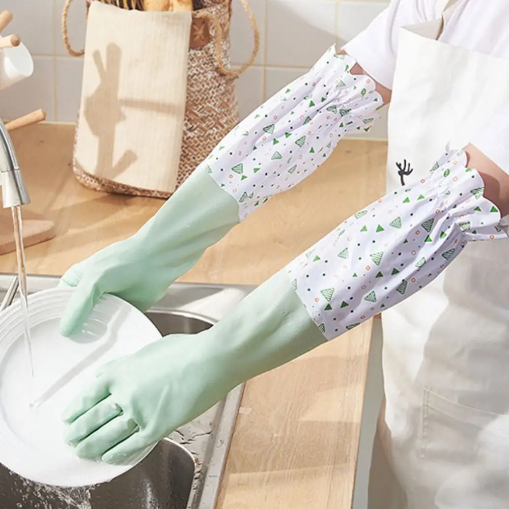 Velvet Rubber Dish Washing Gloves Waterproof Elastic Cuffs Housework Gloves Latex Long Sleeve Winter Cleaning Gloves