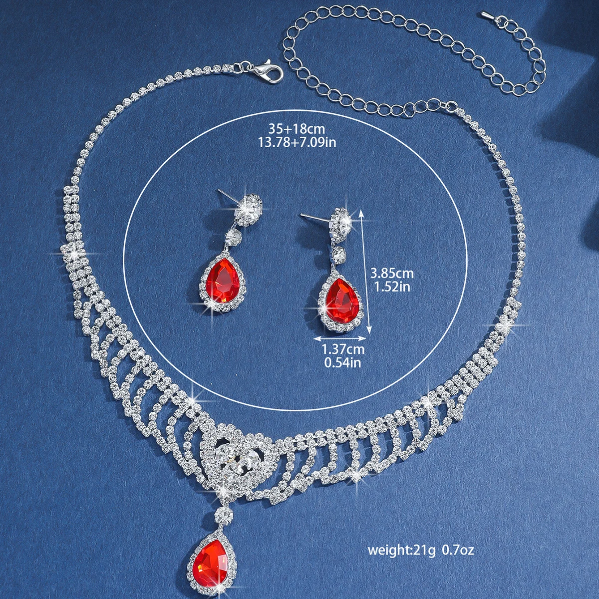 Luxurious Sparkling Red Water Drop Necklace Earrings Two Piece Set for Bridal Toasting and Wedding Guests