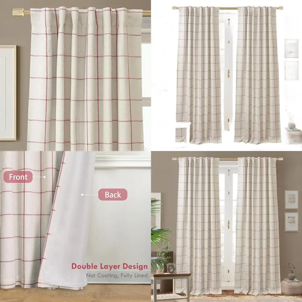 

Thermal Insulated Farmhouse Red Plaid Linen Curtains, 84 Length, Double Layer, 3.25 Rod Pocket for Bedroom & Living Room