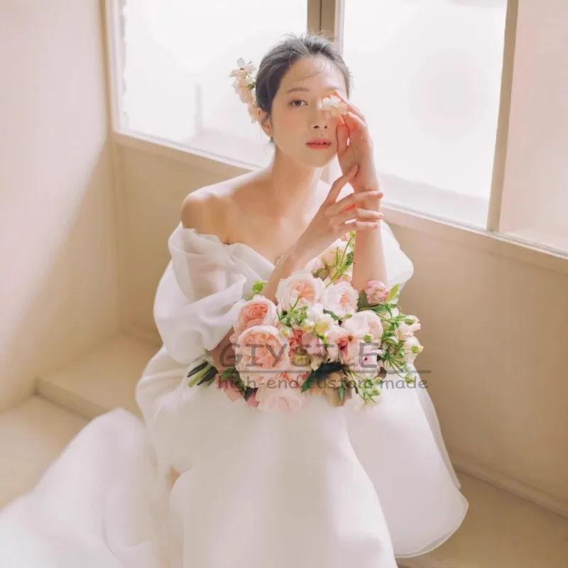 GIYSILE Aangepaste witte schouder mode fishtail trouwjurk Super Fairy 2025, nieuwe eenvoudige mesh feestjurken bubble mouw