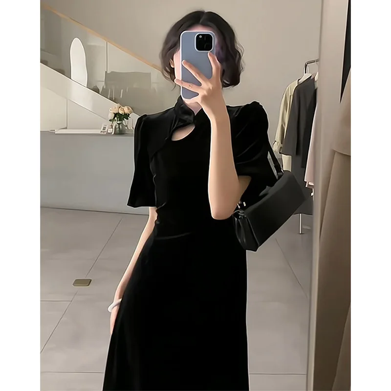 

Retro new Chinese style advanced sense improved cheongsam black velvet dress summer short-sleeved skirt new women's clothing