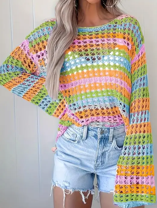 

Весна/лето 202, новый модный повседневный сексуальный вязаный свитер, свободный многоцветный полосатый свитер с круглым вырезом, пуловер, топы