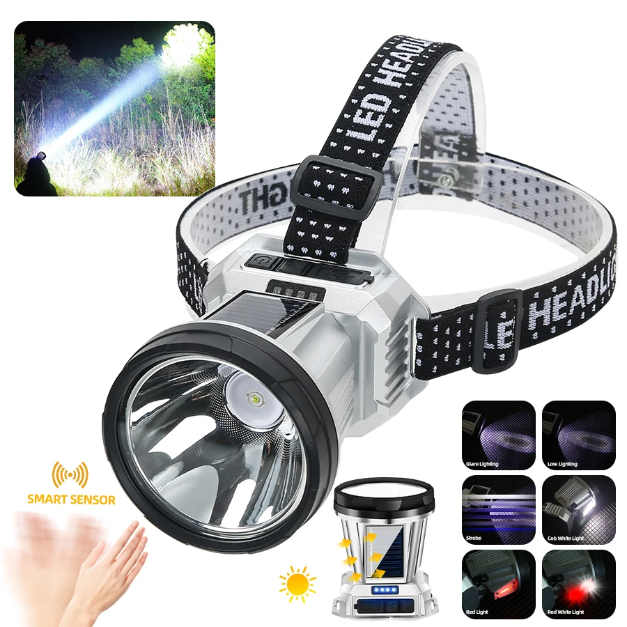 Powerful LED Induction Headlamp 6 Modes Lighting Head Flashlight USB And Solar Charging Outdoor Camping Fishing Searching Lamp