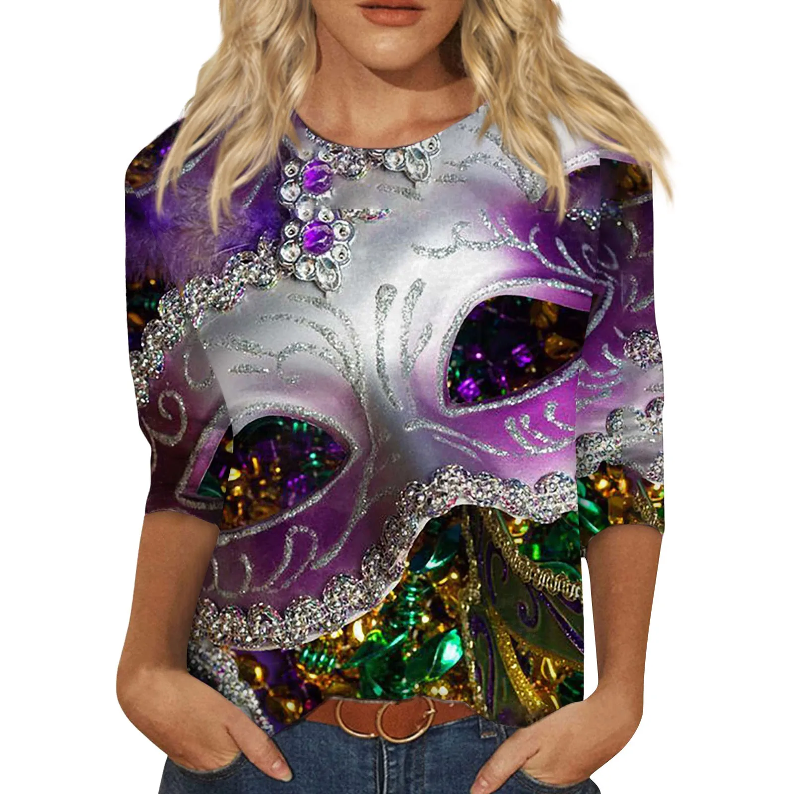 2024 Trendy Vintage Tops For Women Casual Three Quarter Sleeve Round Collar T-Shirt Blouse Fashion Carnival Mask Print Solid Tee