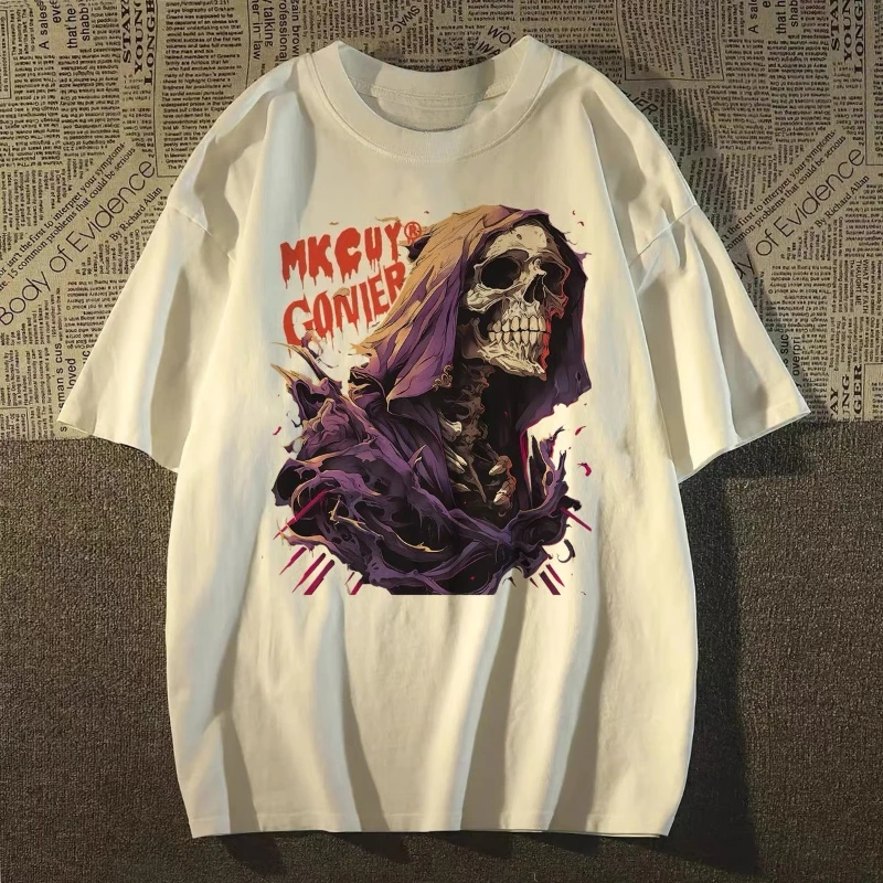 

American High Street Skull Print Cotton Short-sleeved T-shirt Summer Street Style Outdoor Leisure Comfortable Fashion Versatile