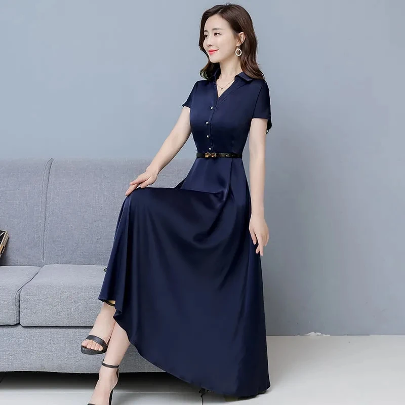 

Temperament High-end Satin Dress Female 2024 Summer Fashion Waist Dresses Women Large Size Long Pullover Big Swing Skirt Trend