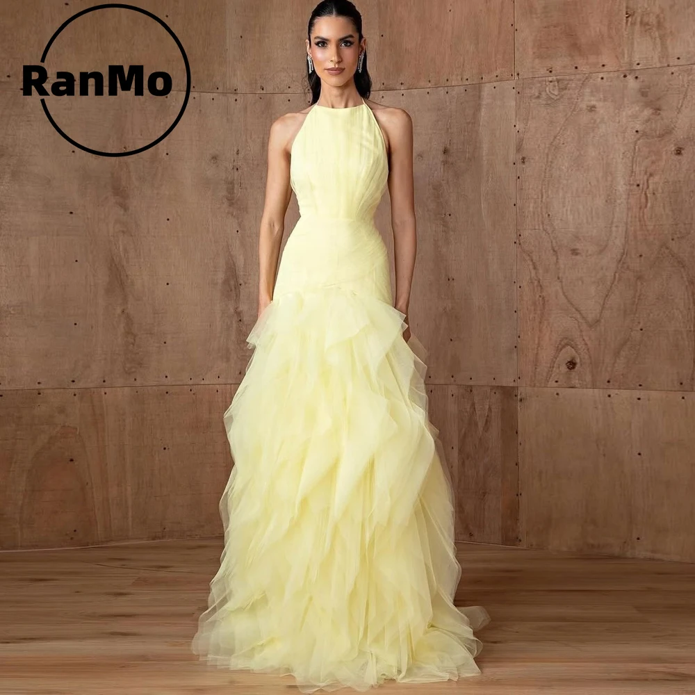 

Ranmo Customized Yellow Off Shoulder Layered Ball Dress Mesh A-line Wedding Party Dress Floor Robe Celebrity Dress Customized