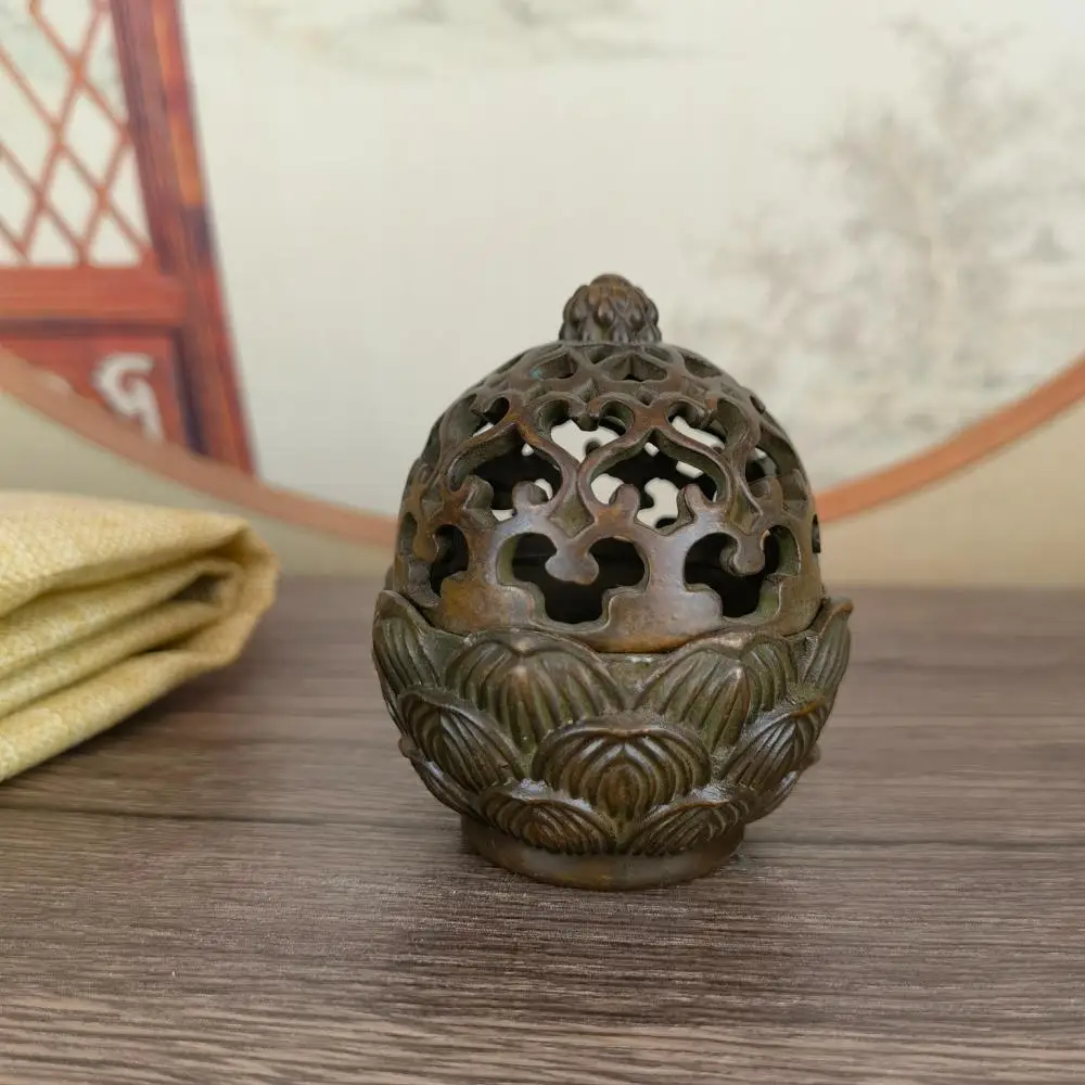 Hollow Lotus Bronze Incense Burner Antique Copper Carved Aromatherapy Burner Home Office Desktop Decoration