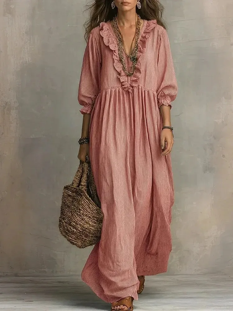 2026 New Spring Summer Long Dress Elegant Striped Ruffled Loose High-Waisted V-Neck Fashion Casual Dress Large Size Beach Robe