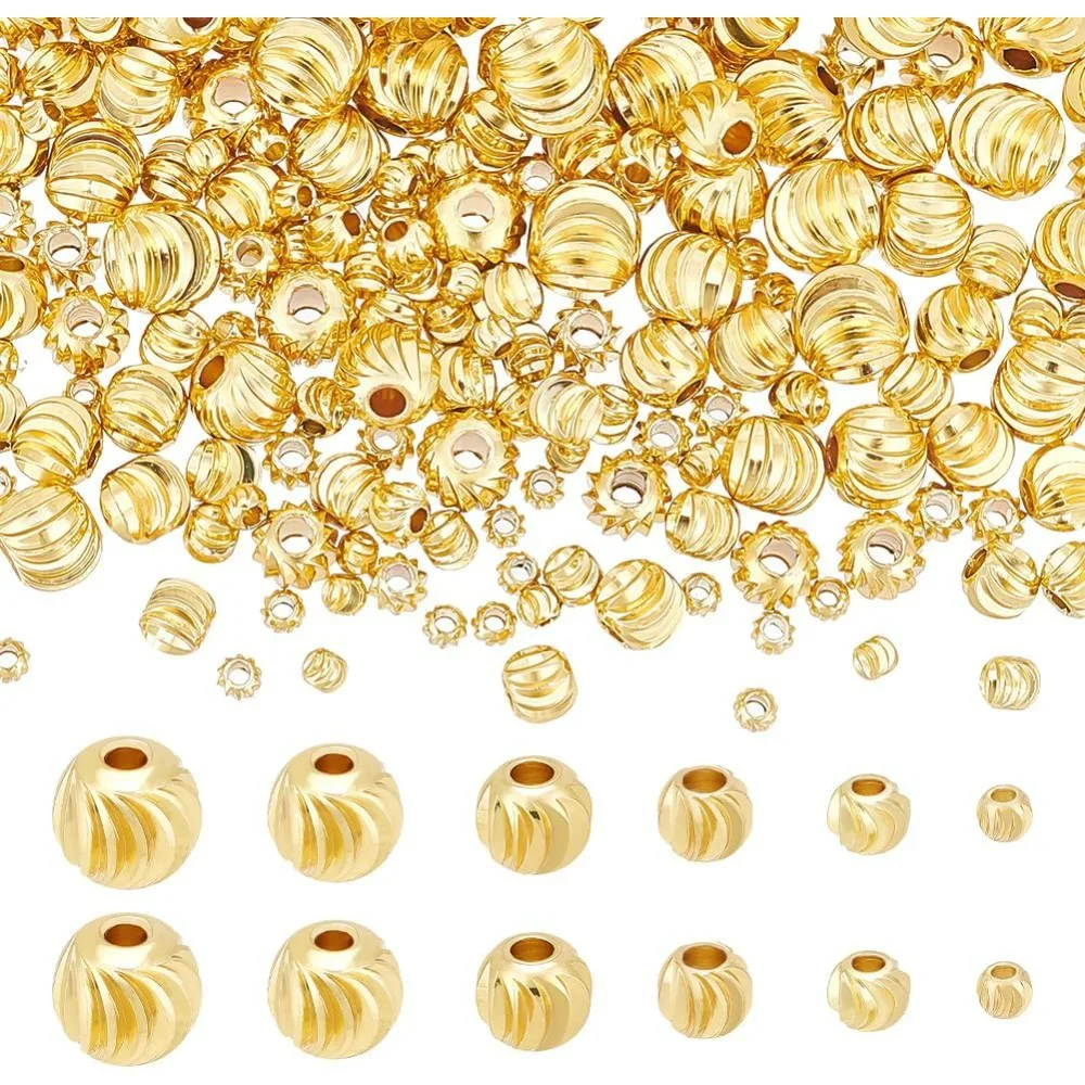 180Pcs 6 Sizes Real 18K Gold Plated Spacer Bead Brass Grooved Round Beads Metal Spacer Beads Jewelry Findings for Earring