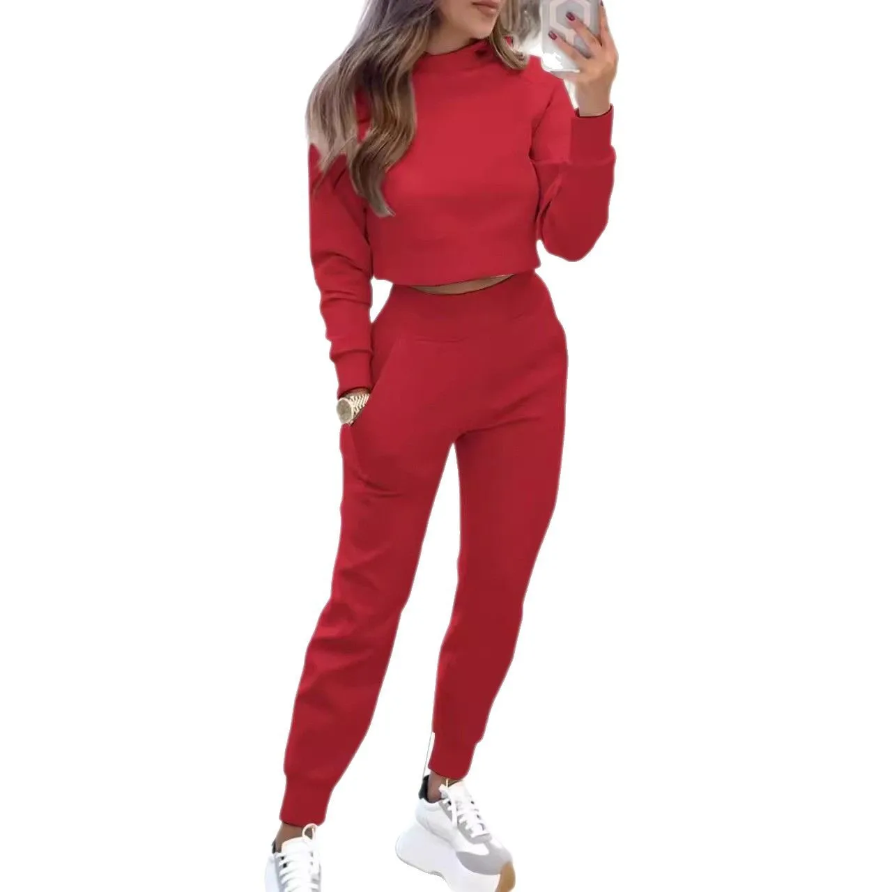 Conjuntos de pantalones de dos piezas para mujer, pantalones pitillo informales lisos ajustados con cuello alto, bolsillos de cintura alta, Tops de manga larga, señora elegante Regular