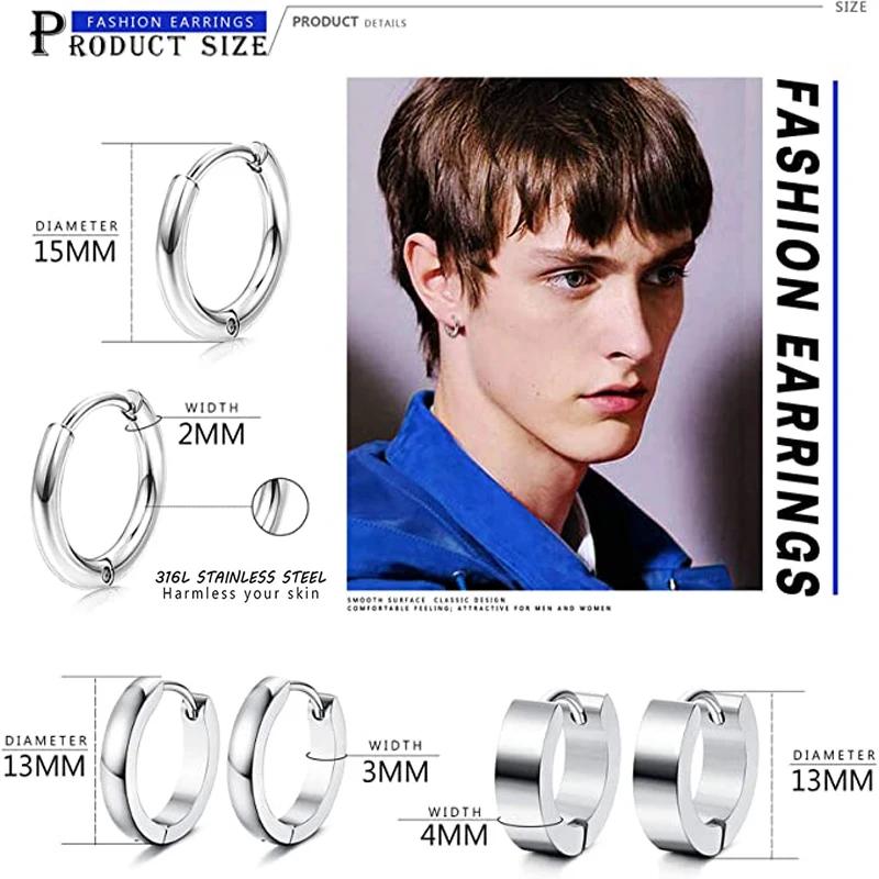 1/9 Pairs Stainless Steel Small Hoop Earrings Set for Men Women Huggie Hoop Earrings Punk style Classic