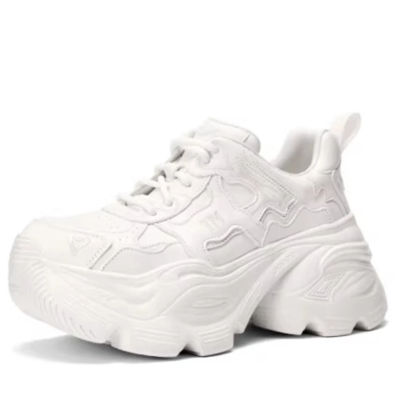 Genuine Leather White Shoes for Women's Comfortable Thick Soled Height Increasing Shoes Breathable Casual Sports White Dad Shoes