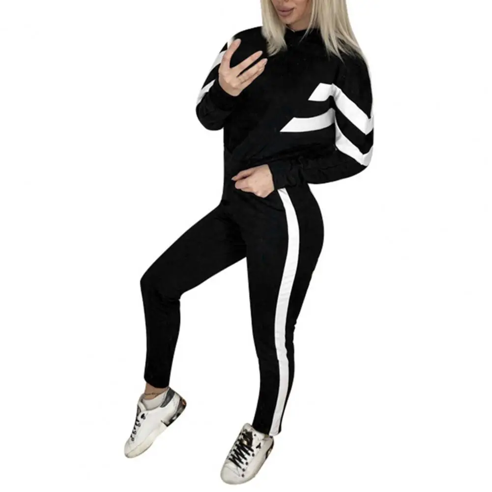 

1 Set Crop Top Pants Hooded Women Sweatshirt Sweatpants Drawstring Ribbed Cuff Sportswear Set