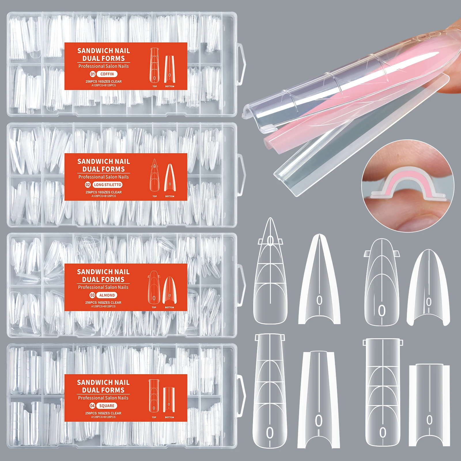 256pcs/Box Trapezoidal Double-Layer Nail Extension Tips Quick-Building Gel Moldsfull Coverage Nail Extensions Suitable DIY Salon