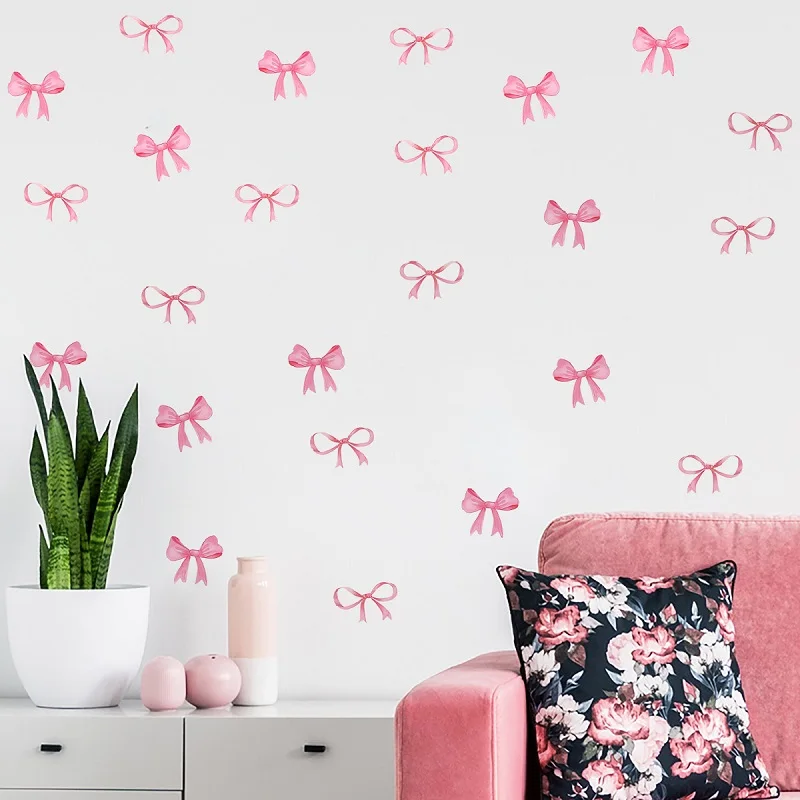 Creative Personality Pink Bow Wall Sticker, Wardrobe Sticker Girl Heart Bedroom Bowknot Wall Sticker PVC self-adhesive