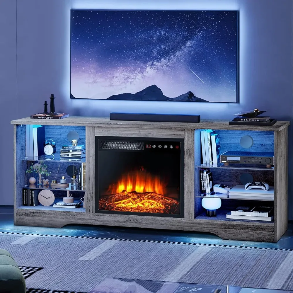 

Fireplace TV Stand Console with Electric Fireplace & Remote, Wooden Modern Entertainment Center for Living Room with LED