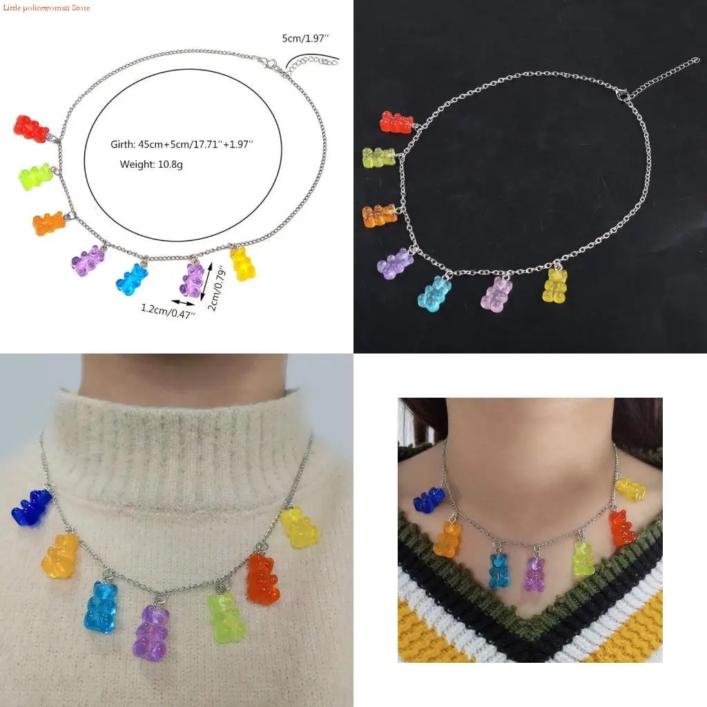 F92D Charm Necklace Resin Gummy Cartoon Bear Link Chain Pendant Necklace for Girls