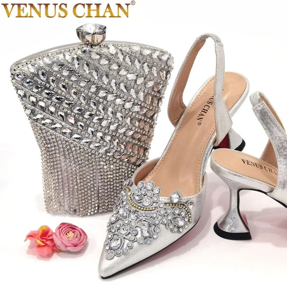 Venus Chan 2023 New Fashion Simple And Versatile Silver Pointed Toe High Heels Comfortable To Wear Party Ladies Shoes And Bag