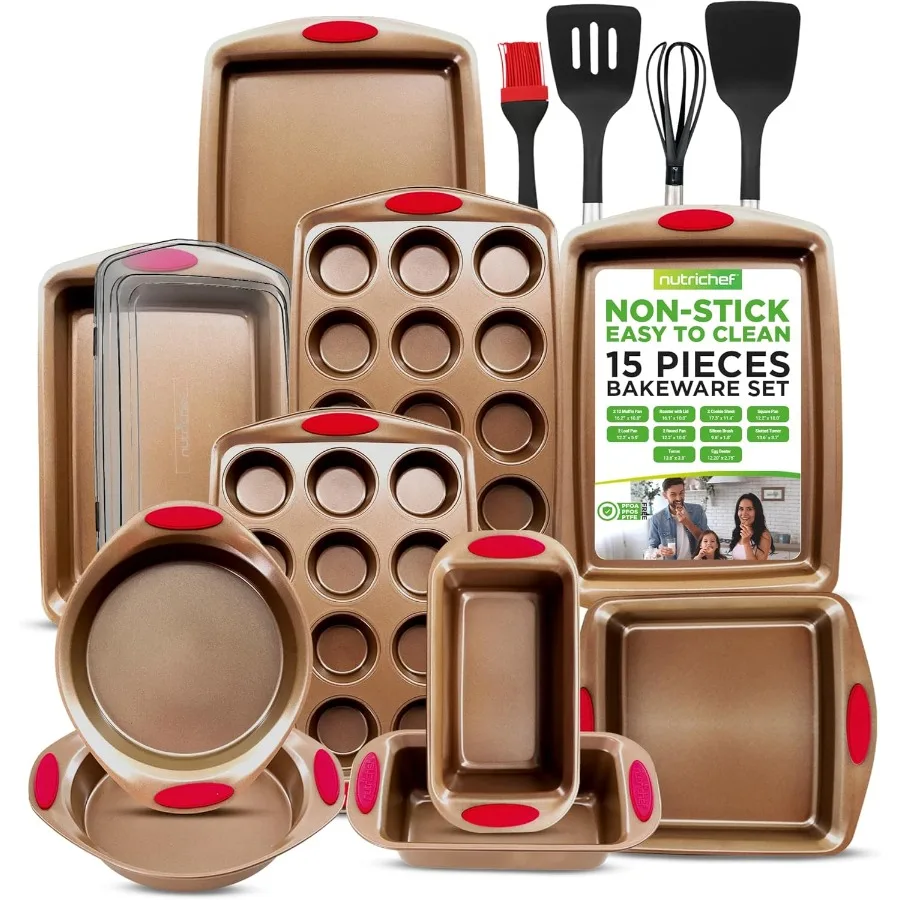 15-Piece Non-Stick Baking Pan Set - Durable Carbon Steel Bakeware Set with Loaf & Muffin Pans, Square & Round Cake Pans, Roaster
