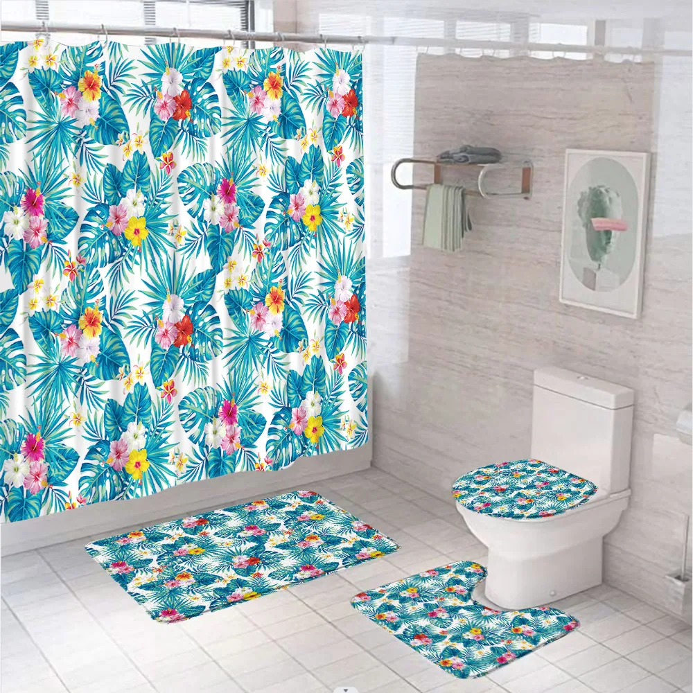 

Tropical Banana Palm Leaves Shower Curtain Set Plant Plumeria Hibiscus Flowers Bathroom Curtains With Bath Mat Rug Toilet Cover