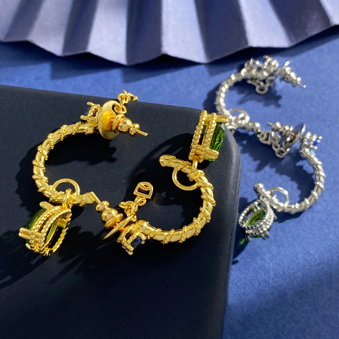 

Bohemian Vintage Style Twisted Gold Hoop Earrings Green Gemstone Dangle Charms And Key Lock Pendants for Women Jewelry Accessory