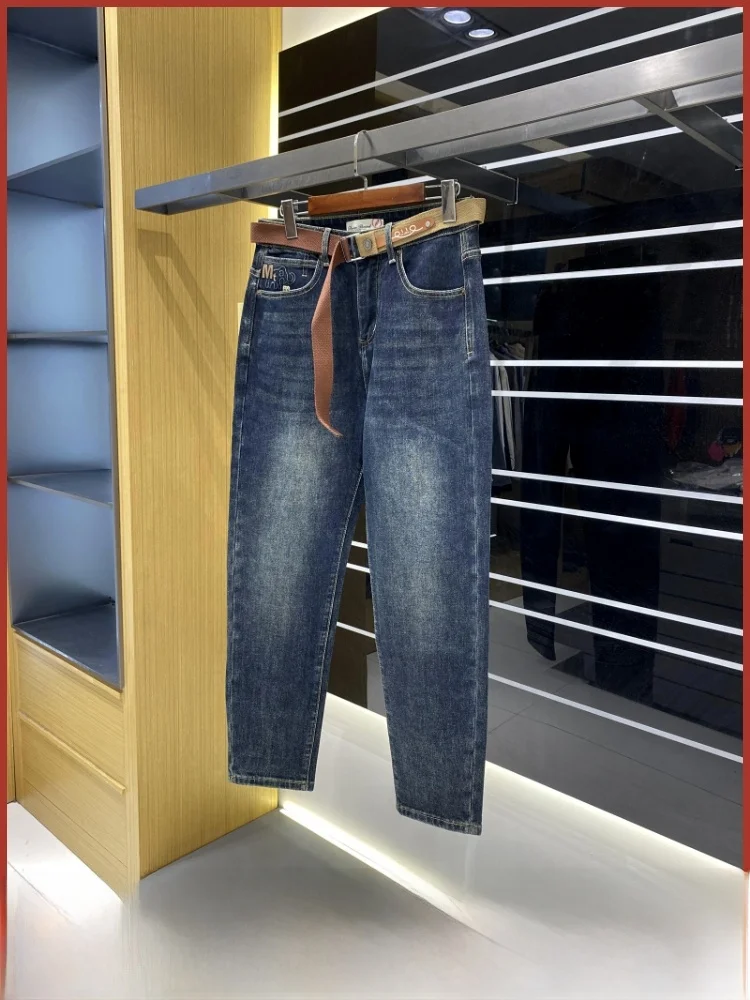 

Удобные мужские прямые джинсы с эластичной резинкой на талии и поясом, осень-зима, новые брюки из смеси хлопка и полиэстера